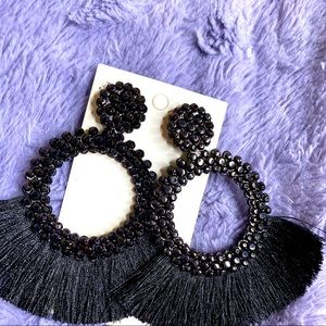 Rhinestone Tassel Drop Earrings Black